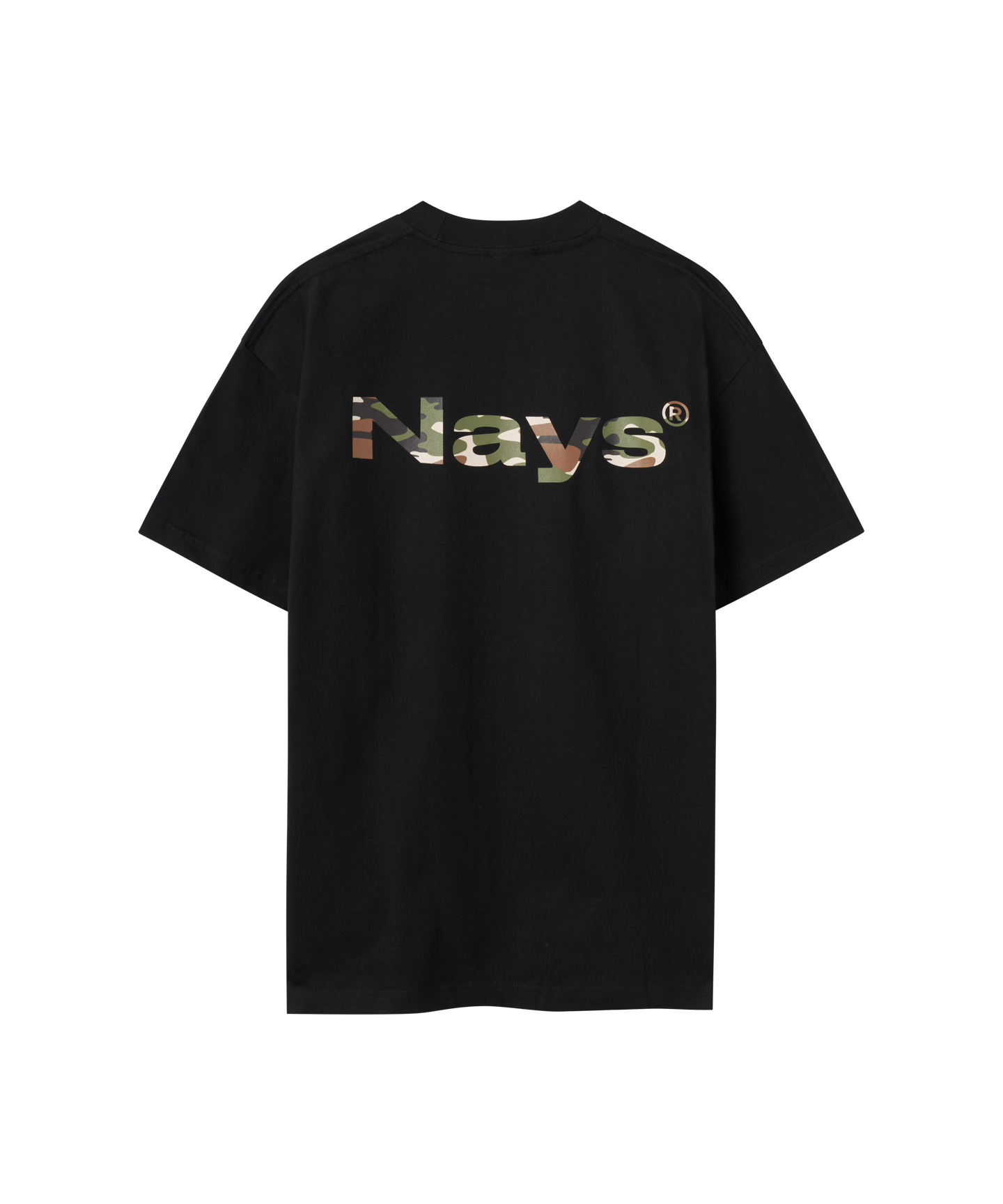 Rückansicht schwarzes T-Shirt von Nays mit Logo auf dem Rücken in camouflage.