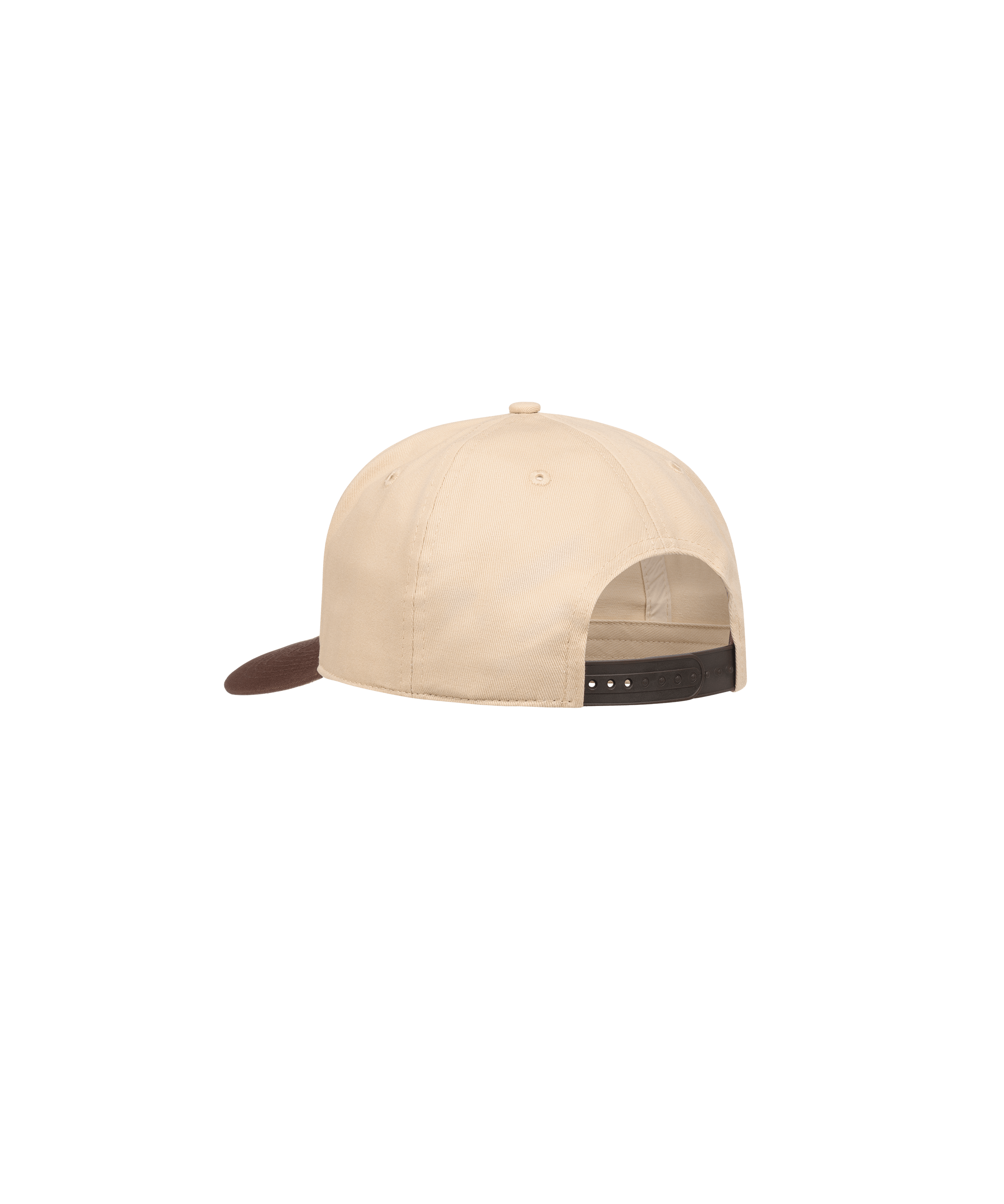 Beige Schirmmütze in Rückansicht mit khaki farbigen, größenverstellbarem Kunststoffriemen.