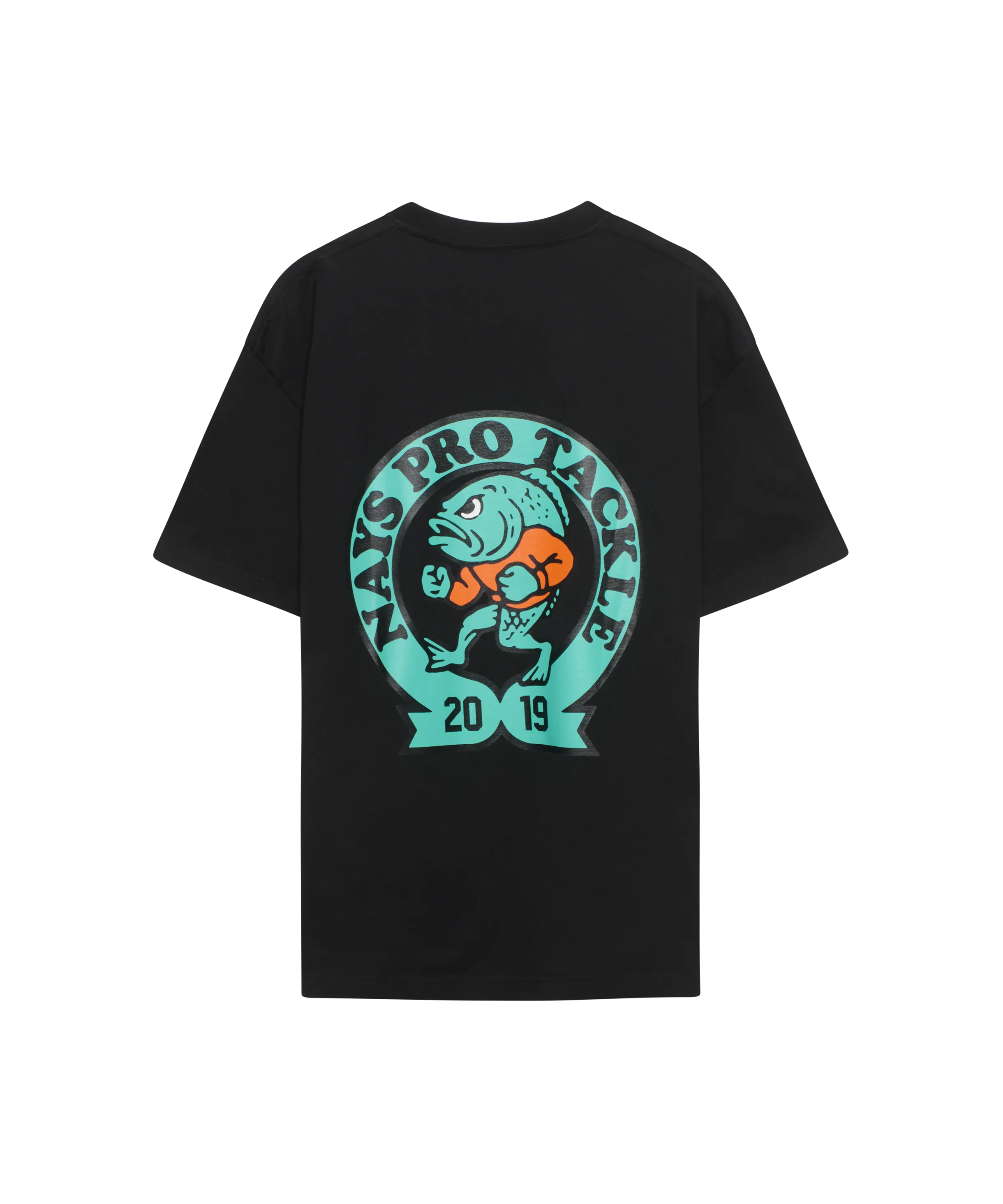 Schwarzes Nays Pro Tackle T-Shirt Rückseite mit großem Logo-Print in Türkis.
