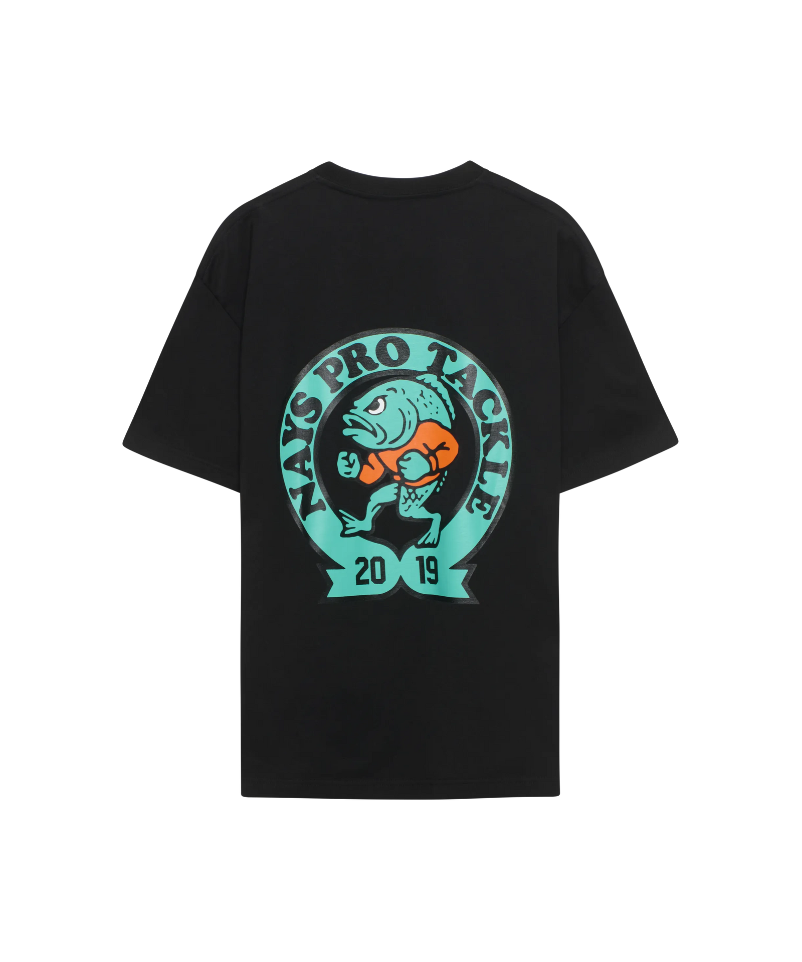 Schwarzes Nays Pro Tackle T-Shirt Rückseite mit großem Logo-Print in Türkis.