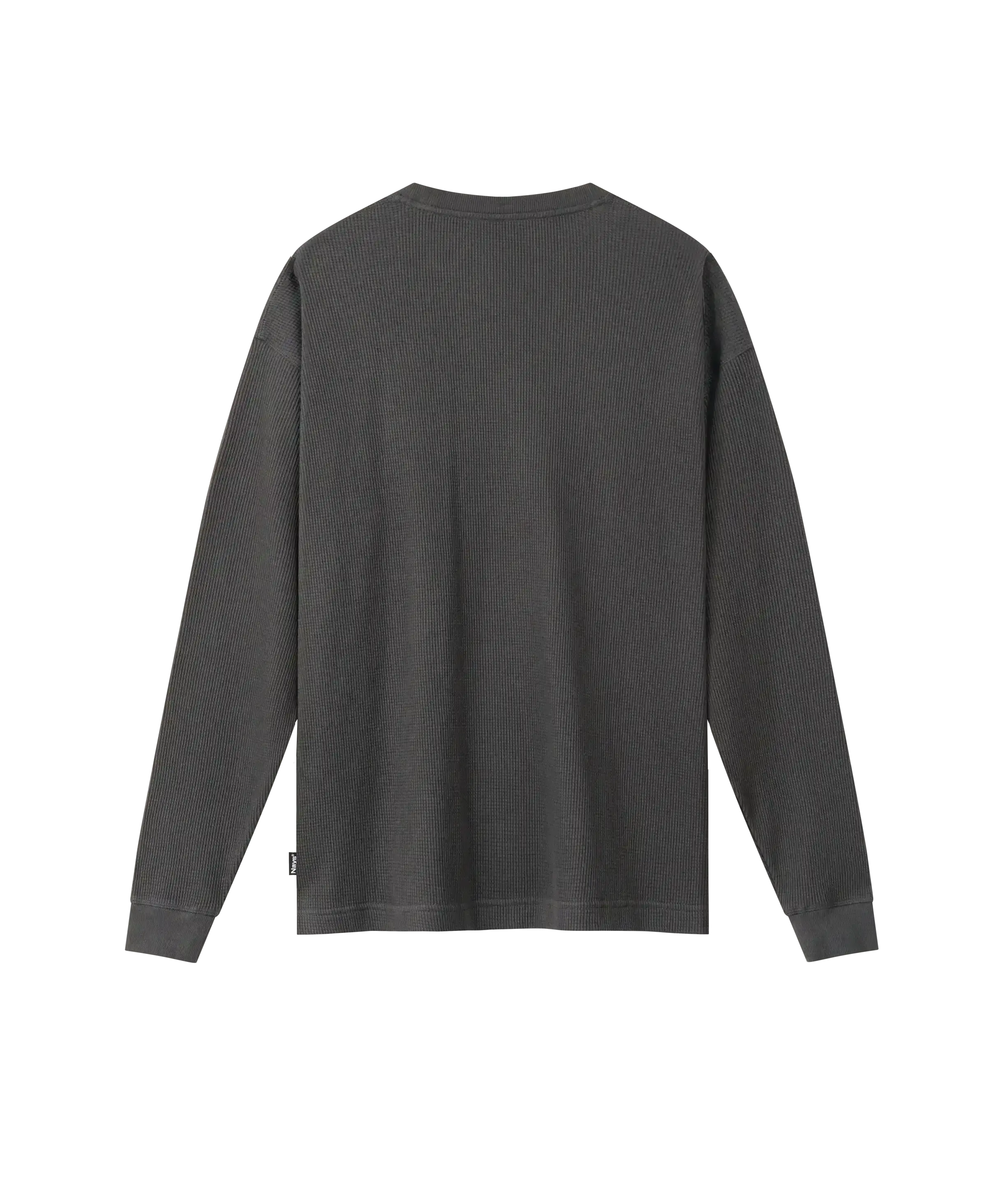 Rückansicht dunkelgraues Nays Longsleeve aus Waffelstrick-Gewebe mit Rundhalsausschnitt und Oversize-Schnitt.