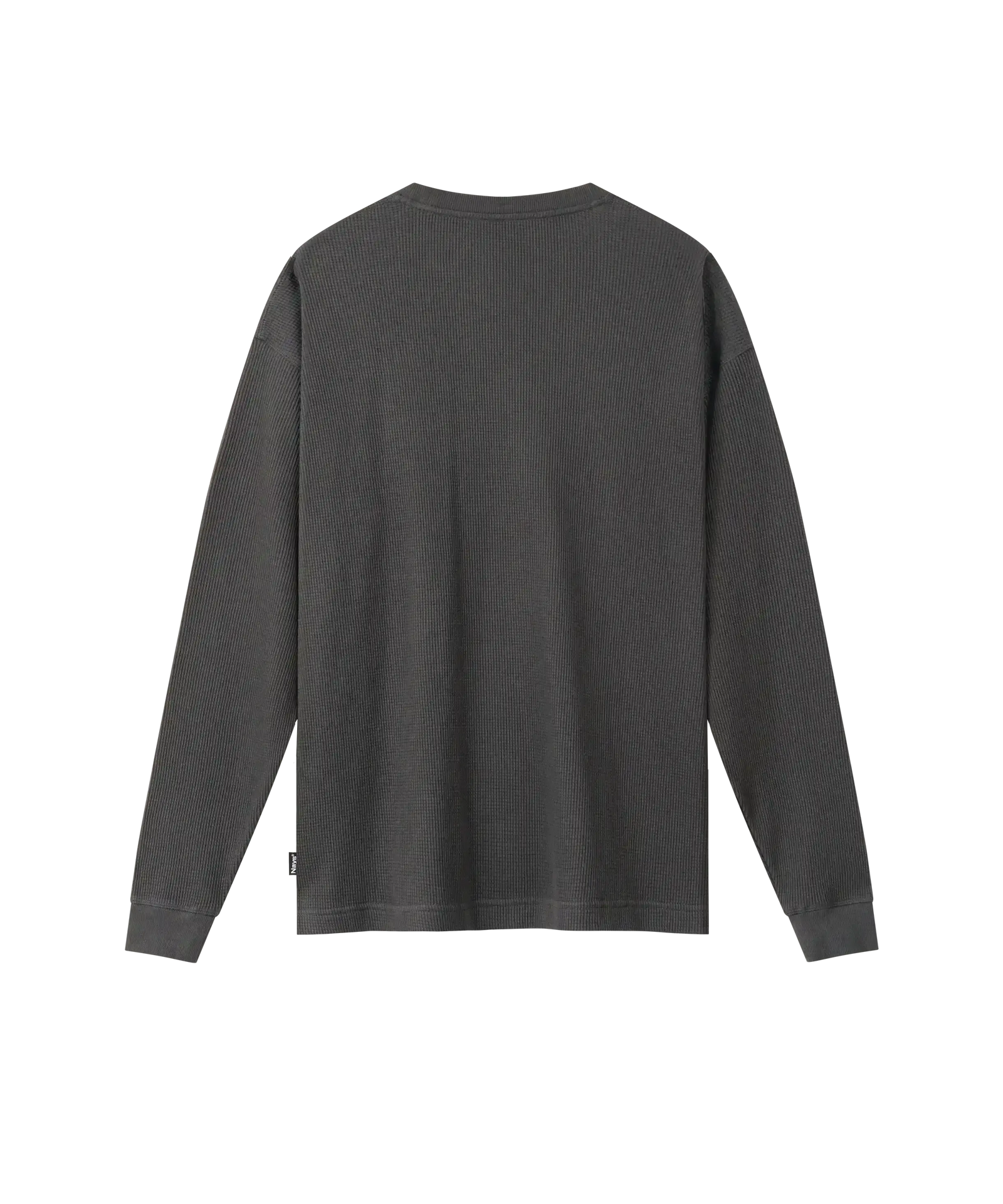 Rückansicht dunkelgraues Nays Longsleeve aus Waffelstrick-Gewebe mit Rundhalsausschnitt und Oversize-Schnitt.