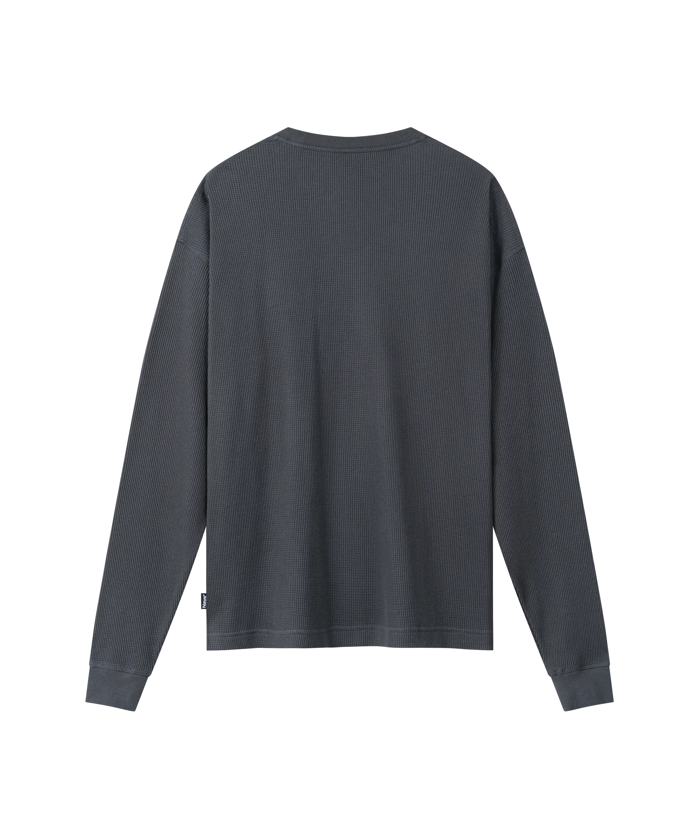 Rückansicht dunkelgraues Nays Longsleeve aus Waffelstrick-Gewebe mit Rundhalsausschnitt und Oversize-Schnitt.