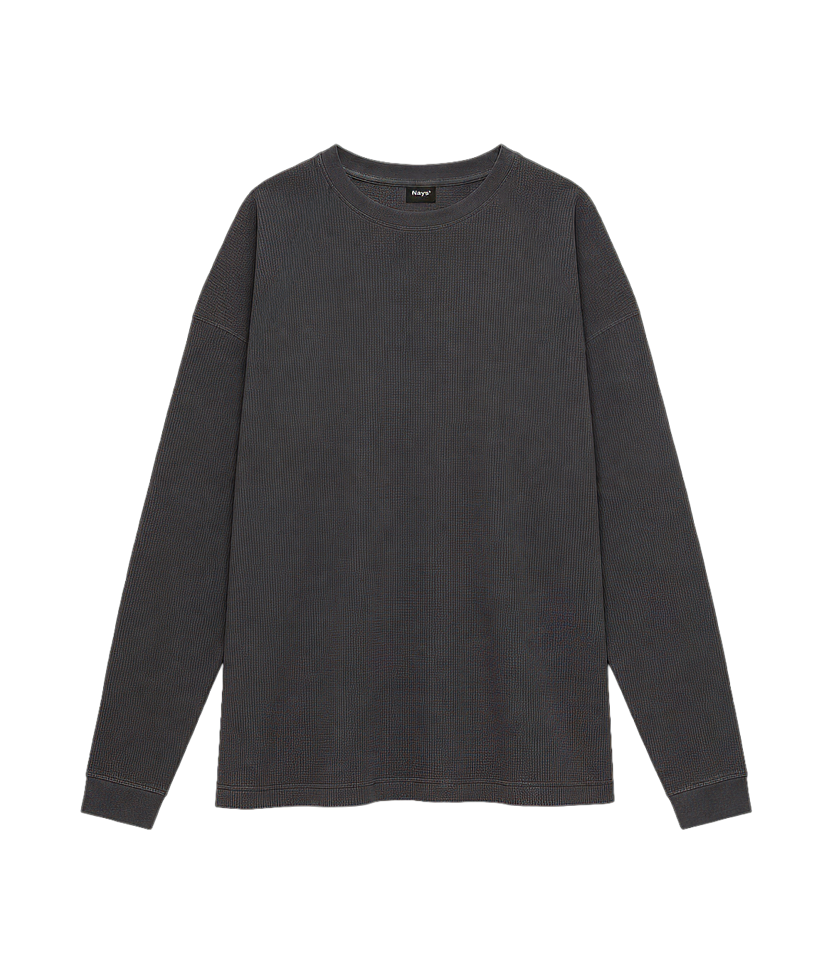 Frontansicht dunkelgraues Nays Longsleeve aus Waffelstrick-Gewebe mit Rundhalsausschnitt und Oversize-Schnitt.